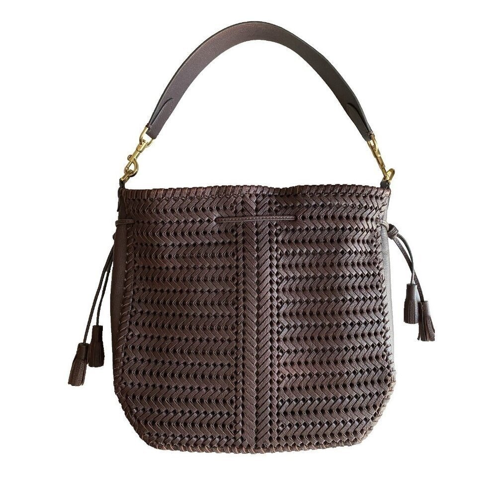 Anya Hindmarch Neeson Leather Woven Bucket Bag Rosewood Brown Tassel - Picture 6 of 17